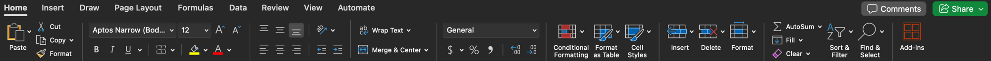The Excel ribbon — rows of fixed buttons spanning the full width of the screen